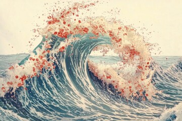 Minimalistic artistic depiction of traditional vibrant ocean wave with cherry blossoms