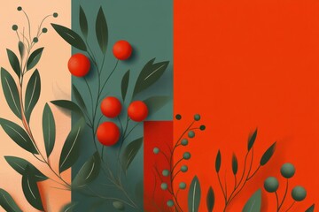 Minimalistic abstract design with red and green foliage for artistic decor