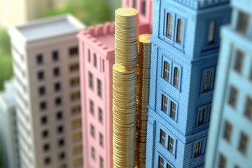 Minimalistic urban financial growth concept with colorful buildings and coins