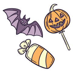 Illustration of a cartoon bat, a pumpkin lollipop, and a wrapped candy for halloween celebration