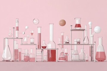 Minimalistic laboratory scene with glassware on pink background for scientific design