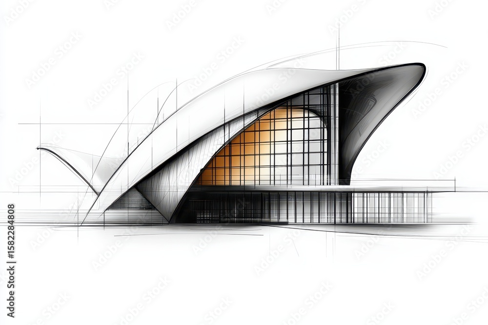Poster engineer drawing construction concept. architectural sketch of a modern building design with curved 