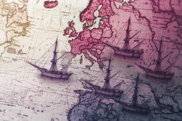 Vintage map with sailing ships depicting trade routes in europe