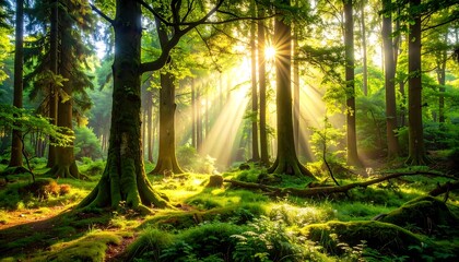 Obraz premium Sunlight streams through a lush forest (3)