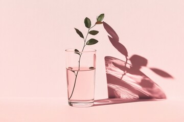 Minimalistic aesthetic with leaf in glass, pink background, and split toning design
