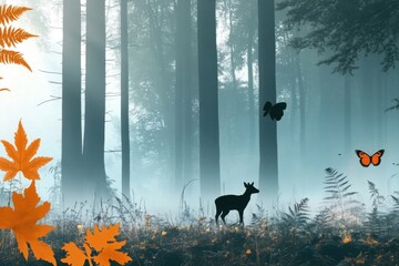Tranquil forest silhouette with deer, butterflies, and autumn leaves in misty landscape