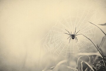 Vintage minimalistic illustration of spider on web for halloween design