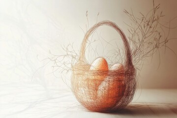 Vintage minimalistic basket with eggs sketch for easter decoration and design