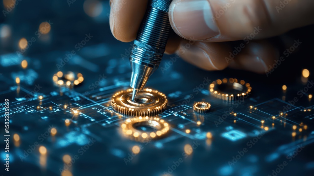 Poster engineer drawing construction concept. digital hand manipulating intricate technology circuitry with
