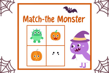 Halloween themed match the monster game with cartoon monster, pumpkins, bat and spider web decorations around