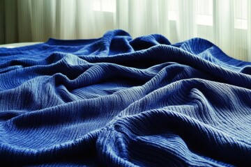 Cozy minimalistic blue knit patterned fabric in sunlit setting for interior design