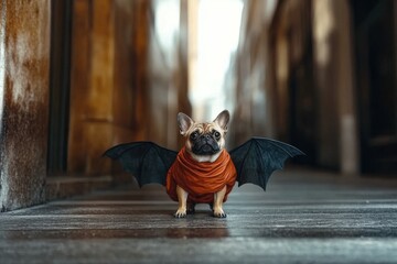 Cute pug in halloween costume with bat wings standing on urban pathway