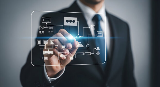 Business professional's hand manipulates a luminous virtual diagram outlining a strategic operational plan.