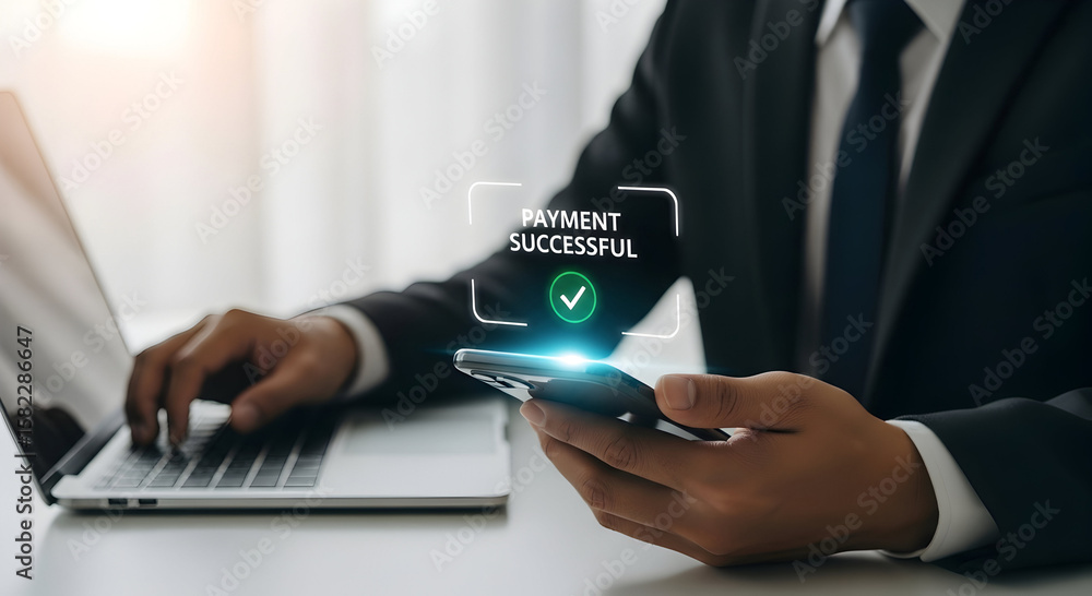 Poster a professional person successfully completes a secure online payment transaction using modern digita