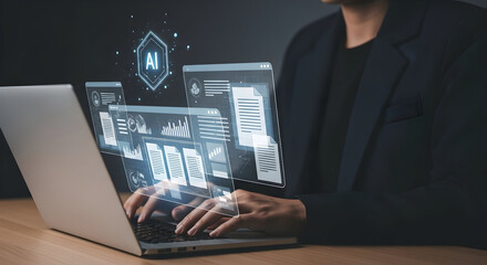 Person interacts with advanced artificial intelligence data visualizations on a laptop in a digital workspace