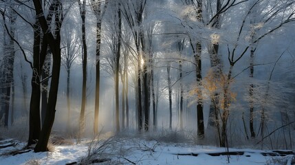 Winter forest with sunlight frost creating peaceful serene feeling. AI generated.