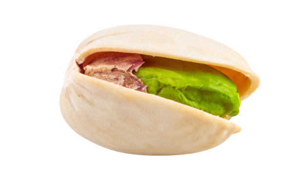 Single unbleached pistachio nut with natural beige shell slightly open Isolated on a white PNG background