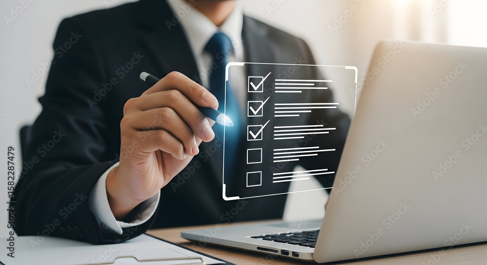 Poster modern executive uses a stylus to mark off items on an innovative virtual task list.