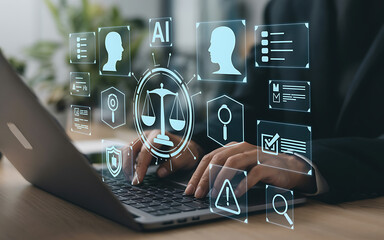 "Businessman Using AI Interface for Digital Law and Ethics – Artificial Intelligence in Legal Technology, Justice Automation and Compliance"