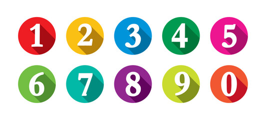 Number set of zero to nine with shadow effect. Colorful circles and numbers. Numbers symbols with long shadow. Number digit vector icon in colorful circle. Set of 1-9 numbers vector.