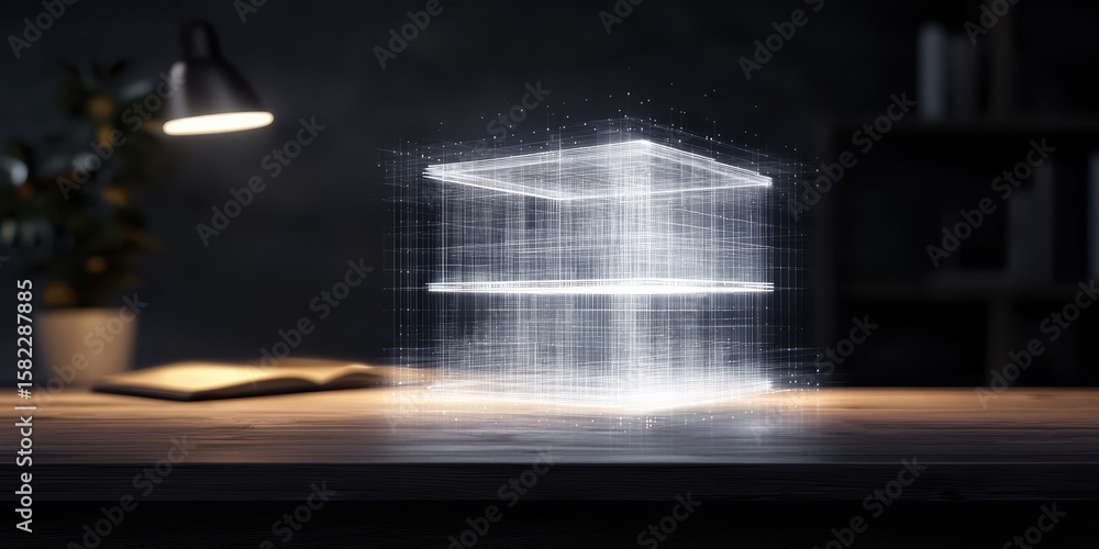 Poster engineer drawing construction concept. a glowing 3d structure is displayed on a desk, illuminated by