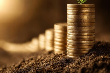Minimalistic concept of wealth and growth with stacked golden coins and plant sprout