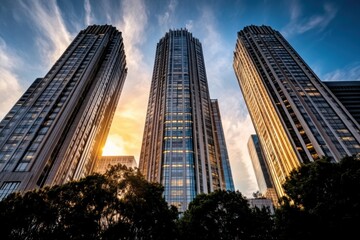 Modern urban skyscrapers at sunset with dramatic sky and minimalistic architecture