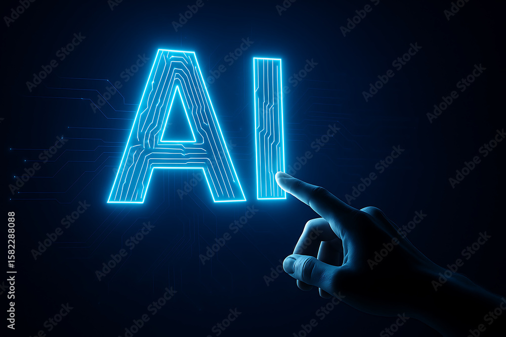 Fototapete hand pointing on futuristic glowing ai interface with digital blue light effect and cyber intelligen