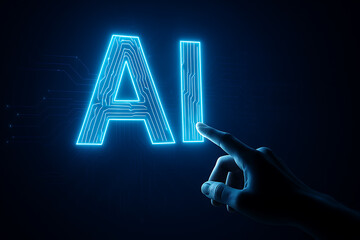 Hand pointing on futuristic glowing ai interface with digital blue light effect and cyber intelligence circuit background graphics