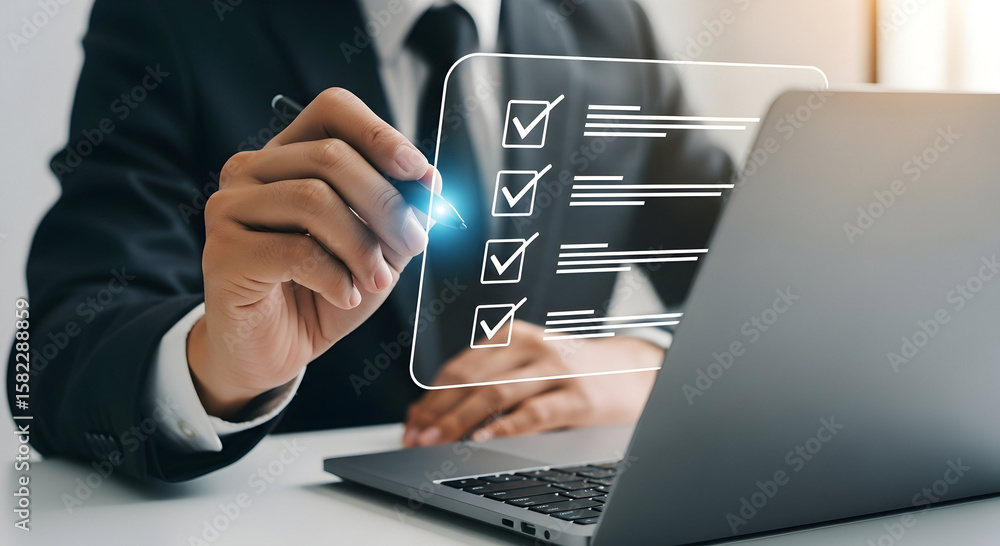 Poster an executive precisely checks off items on a virtual task list, demonstrating effective digital work