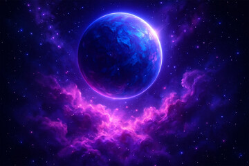 Vibrant Alien Planet Floating in Purple Nebula Space