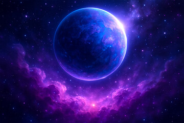 Obraz premium Vibrant Alien Planet Floating in Purple Nebula Space