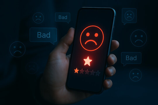 Customer review system showing negative feedback and one star rating on smartphone screen with sad face icon for bad user experience and service dissatisfaction indicator