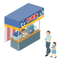 アイソメトリックイラスト：かき氷屋台でかき氷を買う親子