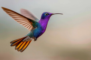 Obraz premium Photo of a hummingbird in flight, with its iridescent violet feathers and long beak