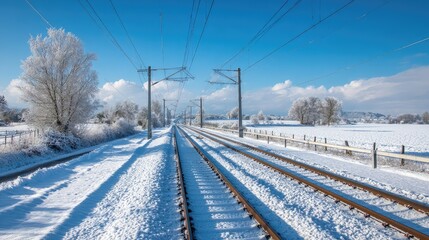 Clean electric rail line cutting through a snow-covered field under soft blue skies