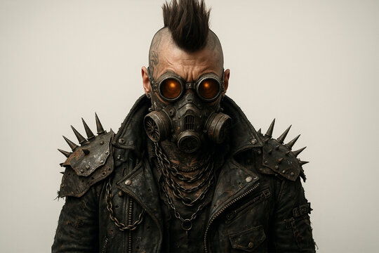 Post-Apocalyptic Cyberpunk Character in Gas Mask and Leather Armor