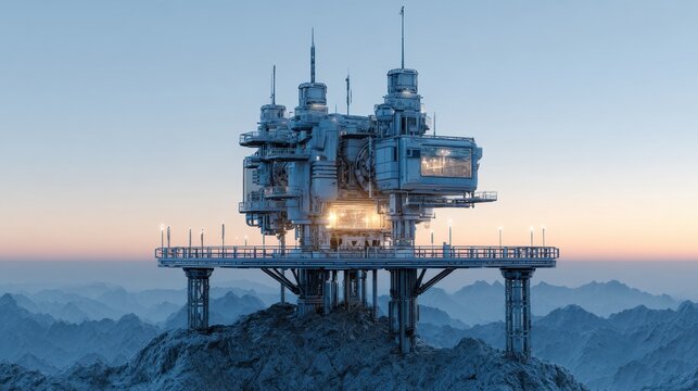 A futuristic AI server glowing on a mountaintop platform at dusk