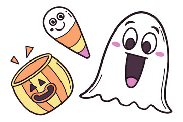 Obraz premium Illustration of a happy ghost, candy corn, and a jack o lantern bucket for halloween theme design