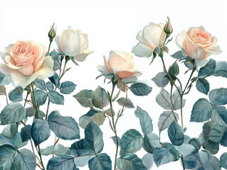 Delicate watercolor painting of blooming pale pink roses with lush green leaves, evoking sense of elegance and tranquility. soft colors and intricate details create serene floral composition