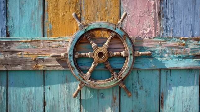 Classic ship wheel mounted in center of retro panel wall with beachy textures