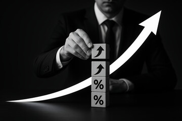 Businessman stacking growth percentage cubes with rising arrow showing financial success data performance improvement economic strategy planning goal increase and positive return indicator