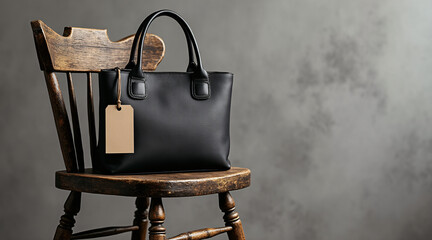 Black Leather Handbag on Rustic Wooden Chair with Blank Tag for Branding and Presentation