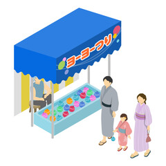 アイソメトリックイラスト：ヨーヨー屋台でヨーヨーを買う親子