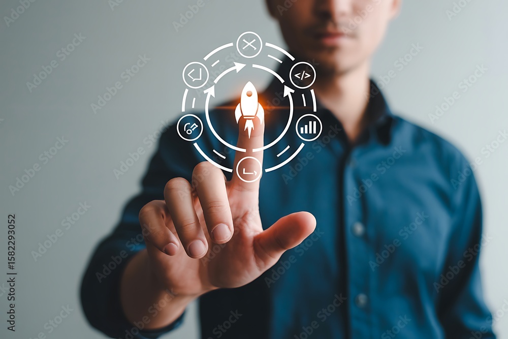 Poster person touching digital rocket launch cycle with icons for coding analytics and progress business te