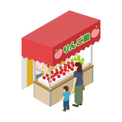 アイソメトリックイラスト：りんご飴屋台でりんご飴を買う親子