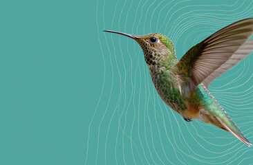 Fototapeta premium Photo of a hummingbird in flight, with its iridescent violet feathers and long beak