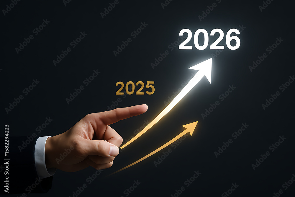 Poster business target vision showing hand pointing toward rising arrows from year twenty twenty five to tw