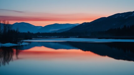 Fototapeta premium Serene sunset over a calm lake reflecting the vibrant sky and snow-capped mountains