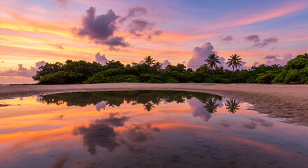 Fototapeta premium Tropical sunrise reflected in calm lagoon